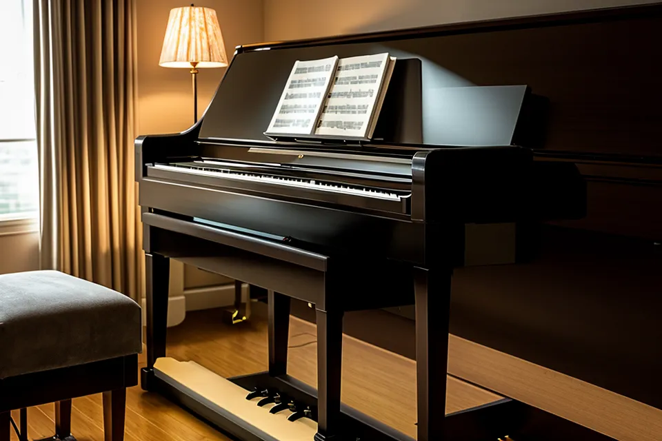 Close-up of a vintage 1994 piano sheet music book on a modern digital piano.