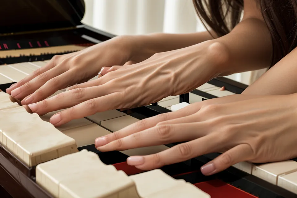 Nahaufnahme von Händen, die vorsichtig Tasten auf einem Klavier suchen.