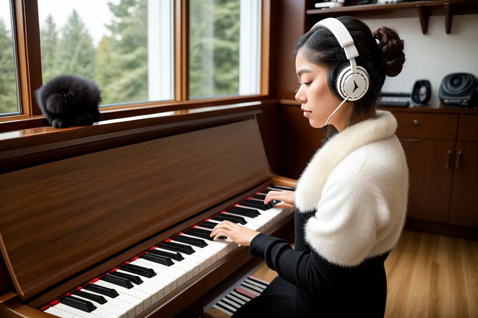 Hände am Digitalpiano mit Kopfhörern, während die Katze aus der Ferne zusieht – Abendroutine beim Üben