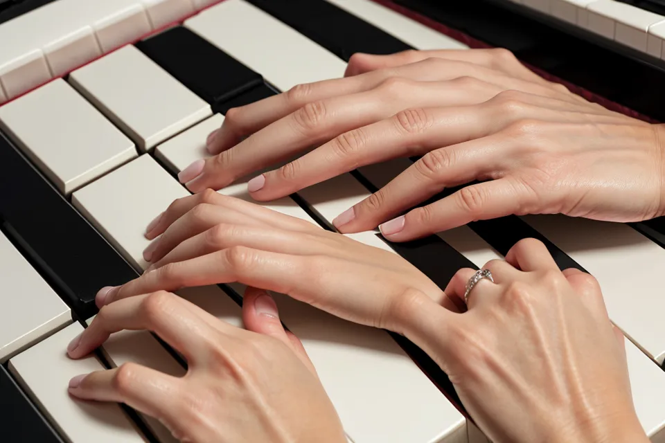Nahaufnahme von Händen auf einer Klaviertastatur, die sich auf die Fingerhaltung konzentrieren.