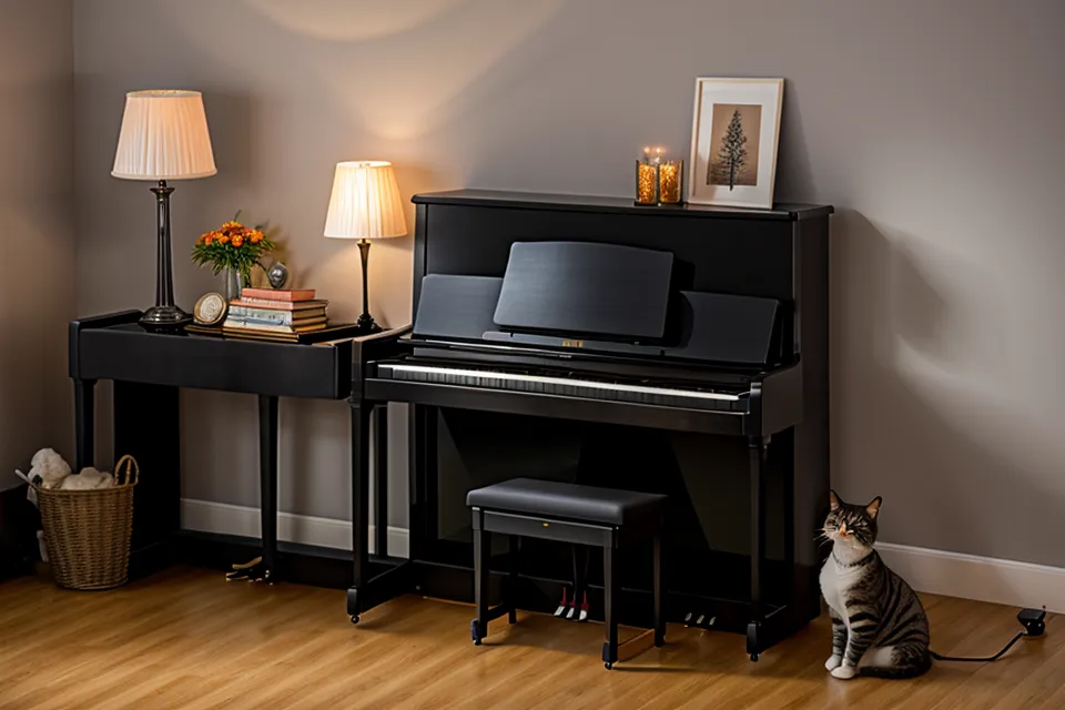 Eine schlafende Katze auf einem Hocker neben einem Klavier in einer gemütlichen Wohnung.