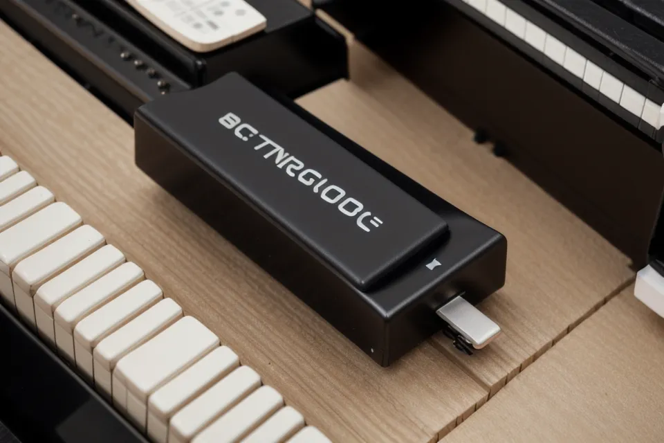 Bluetooth-Umblätterpedal für papierlose Noten neben dem Pedal des digitalen Klaviers