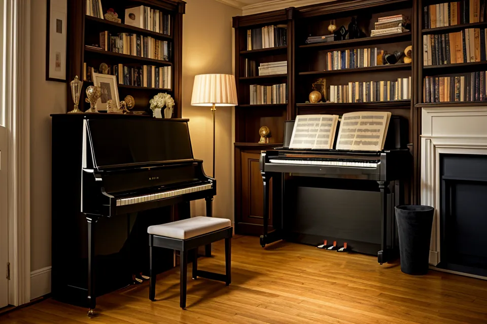 Blick auf ein Digitalpiano mit 88 Tasten und einem Online-Kurs im Hintergrund.