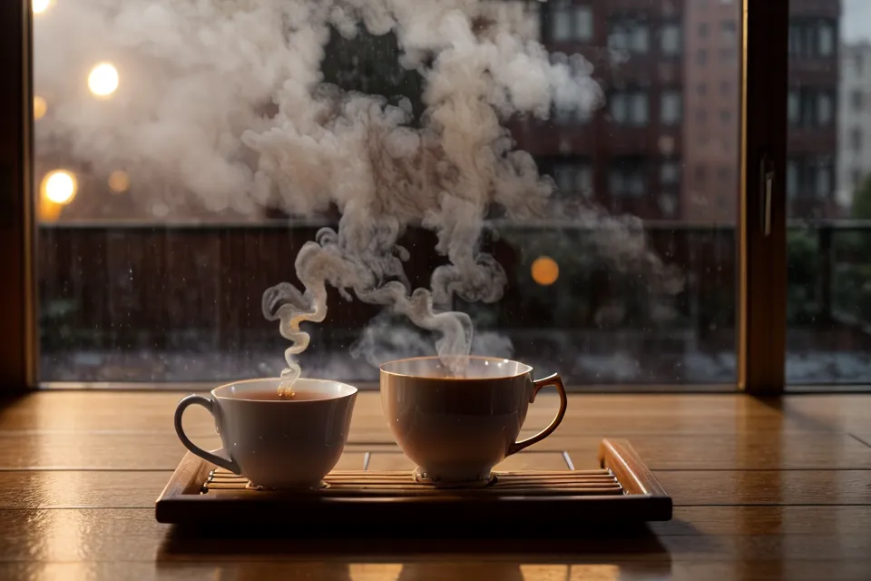 Eine Tasse Tee neben Noten von Erik Satie auf einem Klavier an einem Regentag.