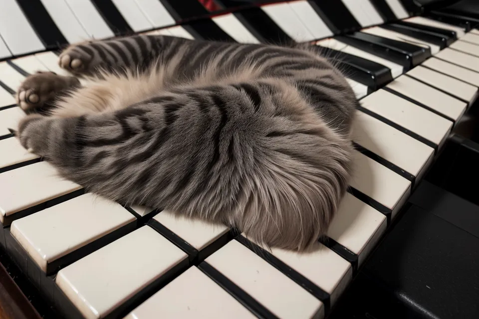 Eine Katzenpfote liegt entspannt neben den Tasten eines Klaviers.
