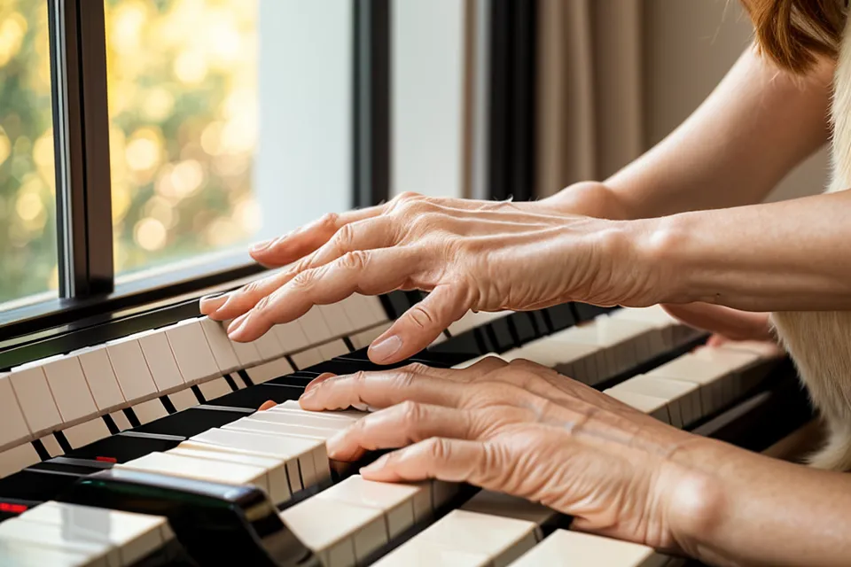 Nahaufnahme von Händen beim Klavierspielen auf einem Digitalpiano am Abend.