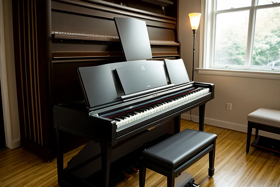 Ein Tablet mit einem Online-Klavierkurs auf dem Notenständer eines E-Pianos.